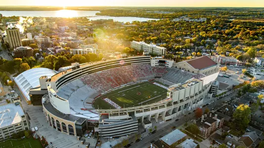Aerial photo of the University of Wisconsin-Madison campus, including Camp Randall Stadium, are pictured in an early morning aerial taken from a helicopter on Oct. 23, 2018. (Photo by Bryce Richter /UW-Madison)