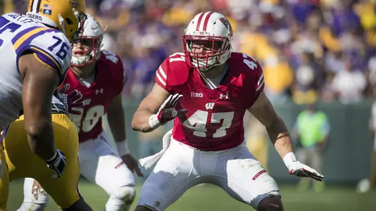 Wisconsin Badgers linebacker Vince Biegel (47) defends during an NCAA college football game against the LSU Tigers Saturday, September 3, 2016, in Green Bay, Wis. The Badgers beat the Tigers 16-14. (Photo by David Stluka)