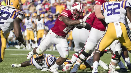 Wisconsin Badgers running back Corey Clement (6) scores a touchdown during an NCAA college football game against the LSU Tigers Saturday, September 3, 2016, in Green Bay, Wis. The Badgers beat the Tigers 16-14. (Photo by David Stluka)