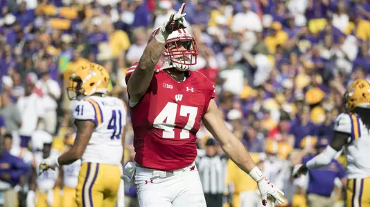 Wisconsin Badgers linebacker Vince Biegel (47) celebrates during an NCAA college football game against the LSU Tigers Saturday, September 3, 2016, in Green Bay, Wis. The Badgers beat the Tigers 16-14. (Photo by David Stluka)