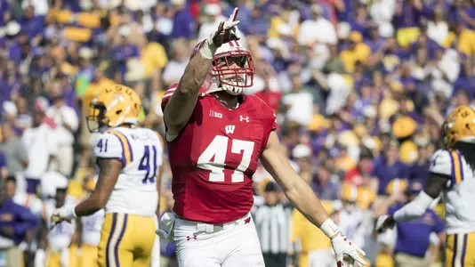 Wisconsin Badgers linebacker Vince Biegel (47) celebrates during an NCAA college football game against the LSU Tigers Saturday, September 3, 2016, in Green Bay, Wis. The Badgers beat the Tigers 16-14. (Photo by David Stluka)