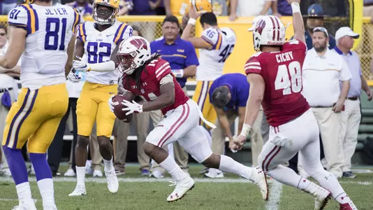 Wisconsin Badgers defensive back D'Cota Dixon (14) intercepts a pass late in the game during an NCAA college football game against the LSU Tigers Saturday, September 3, 2016, in Green Bay, Wis. The Badgers beat the Tigers 16-14. (Photo by David Stluka)