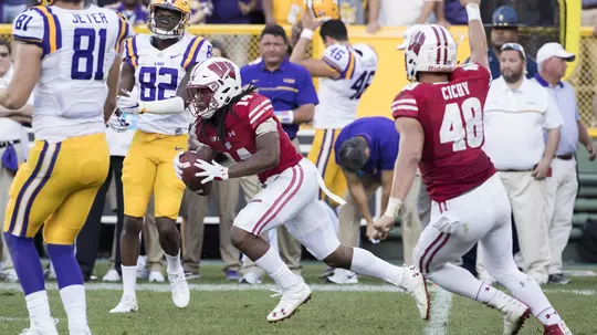 Wisconsin Badgers defensive back D'Cota Dixon (14) intercepts a pass late in the game during an NCAA college football game against the LSU Tigers Saturday, September 3, 2016, in Green Bay, Wis. The Badgers beat the Tigers 16-14. (Photo by David Stluka)
