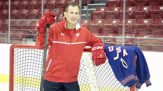 Wisconsin men's hockey coach Tony Granato with former UW coach Bob Johnson's 1976 Team USA jacket