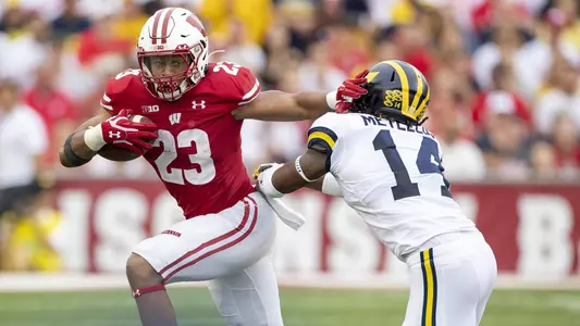 Wisconsin Badgers running back Jonathan Taylor (23) carries the ball during an NCAA Big Ten Conference college football game against the Michigan Wolverines Saturday, Sept. 21, 2019, in Madison, Wis. The Badgers won 35-14. (Photo by David Stluka/Wisconsin Athletic Communications)