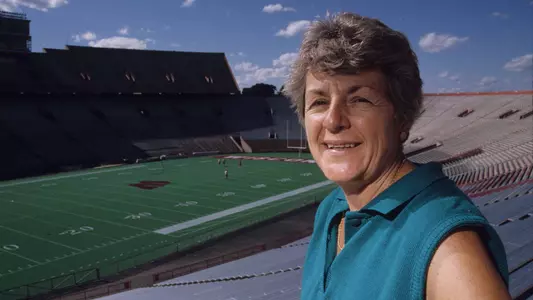 Dr. Kit Saunders-Nordeen inside Camp Randall Stadium 1984