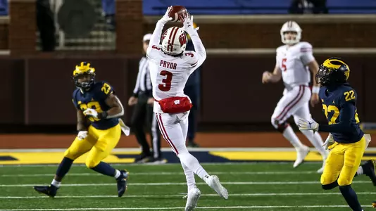 Wisconsin Badgers' wide receiver Kendric Pryor (3) makes a catch during an NCAA college football game against the Michigan Wolverines Saturday, Nov. 14, 2020, in Ann Arbor, Mich. The Badgers won 49-11. (Photo by Darren Lee/Wisconsin Athletic Communications)
