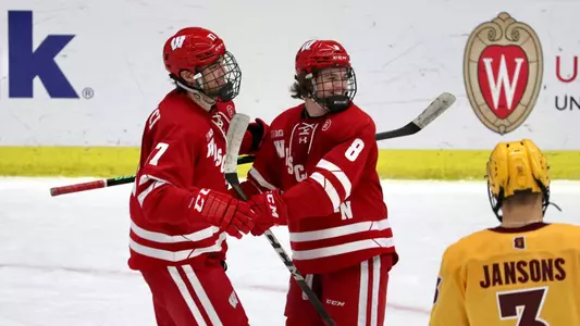 Goal celebration with Ty Pelton-Byce and Cole Caufield