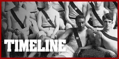 Click here for Black History Timeline Webpage - Photo of George Poage, one of UW's first black student-athletes (track & field), with text "Timeline" overlaid