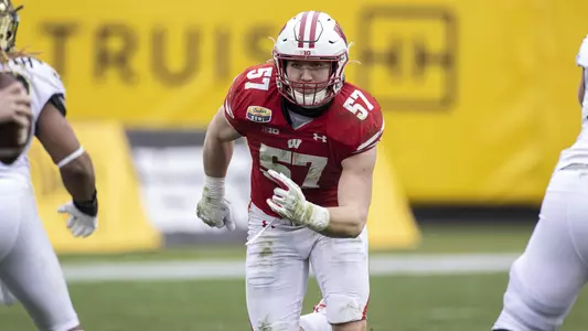 Wisconsin Badgers linebacker Jack Sanborn (57) during an NCAA college football game at the Duke’s Mayo Bowl against the Wake Forest Demon Deacons Wednesday, Dec. 30, 2020, in Charlotte, NC. The Badgers won 42-28. (Photo by David Stluka/Wisconsin Athletic Communications)