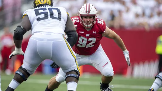 Wisconsin Badgers defensive lineman Matt Henningsen (92) during an NCAA Big Ten Conference college football game against the Michigan Wolverines Saturday, Sept. 21, 2019, in Madison, Wis. The Badgers won 35-14. (Photo by David Stluka/Wisconsin Athletic Communications)