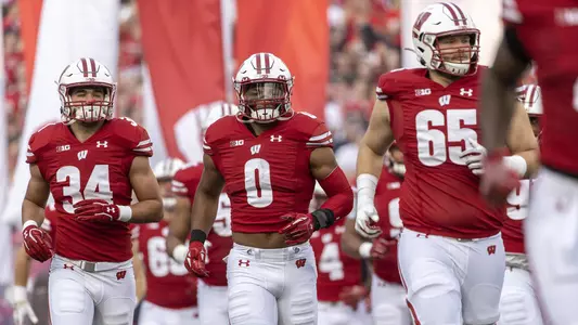 Wisconsin Badgers running back Braelon Allen (0) runs out with the team prior to an NCAA college football game against the Eastern Michigan Eagles Saturday, Sept. 11, 2021, in Madison, Wis. The Badgers won 34-7. (Photo by David Stluka/Wisconsin Athletic Communications)