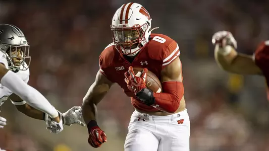 Wisconsin Badgers running back Braelon Allen (0) carries the ball during an NCAA college football game against the Eastern Michigan Eagles Saturday, Sept. 11, 2021, in Madison, Wis. The Badgers won 34-7. (Photo by David Stluka/Wisconsin Athletic Communications)