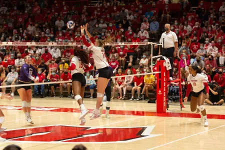 Anna Smrek goes up for a block vs. TCU