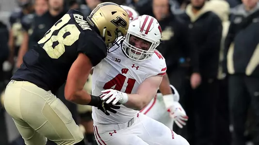 Wisconsin Badgers linebacker Noah Burks (#41) during an NCAA Big Ten Conference college football game against the Purdue Boilermakers Saturday, November 17, 2018, in West Lafayette, Indiana. The Badgers won in triple overtime 47-44. (Photo by Neil Ament)