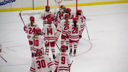 Wisconsin celebrates its 3-1 win over Ohio State on Saturday afternoon