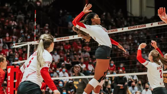 Devyn Robinson goes up for a kill vs. Iowa