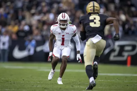 Wisconsin Badgers defensive back Faion Hicks (1) defends during an NCAA college football game against the Purdue Boilermakers, Saturday, Oct. 23, 2021, in West Lafayette, Ind. The Badgers won 30-13. (Photo by David Stluka/Wisconsin Athletic Communications)