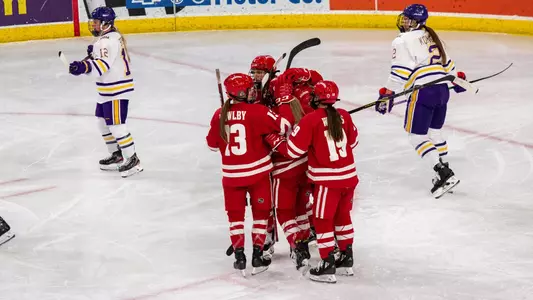 Badgers celebrate a goal by Makenna Webster at Minnesota State