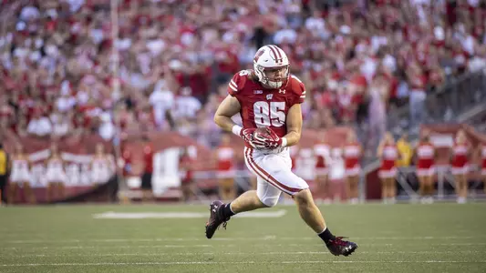 Wisconsin Badgers tight end Clay Cundiff (85) carries the ball during an NCAA college football game against the Eastern Michigan Eagles Saturday, Sept. 11, 2021, in Madison, Wis. The Badgers won 34-7. (Photo by David Stluka/Wisconsin Athletic Communications)