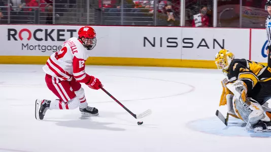 Wisconsin Badgers' forward Mathieu De St. Phalle (12) during an NCAA men’s hockey match against Michigan Tech on Friday October 8, 2021 in Madison, Wisconsin.Photo by Tom Lynn/Wisconsin Athletic Communications