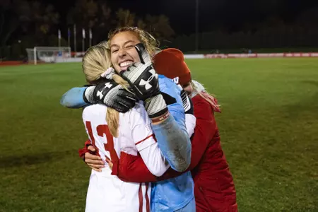 Wisconsin Badgers' Jordyn Bloomer Goalkeeper (24), Wisconsin Badgers' Natalie Viggiano Midfielder (13) during an NCAA women’s soccer match against Butler on Friday November 12, 2021 in Madison, Wisconsin.Photo by Tom Lynn/Wisconsin Athletic Communications