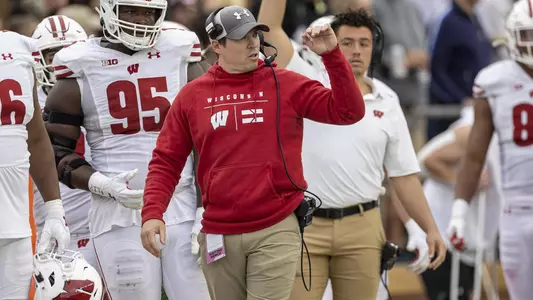 Wisconsin Badgers defensive coordinator Jim Leonhard looks on during an NCAA college football game against the Purdue Boilermakers, Saturday, Oct. 23, 2021, in West Lafayette, Ind. The Badgers won 30-13. (Photo by David Stluka/Wisconsin Athletic Communications)