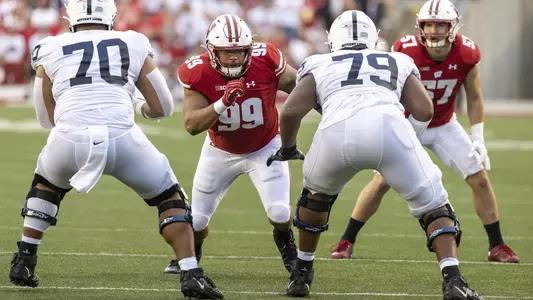 Wisconsin Badgers defensive lineman Isaiah Mullens (99) during a Big Ten Conference NCAA college football game against the Penn State Nittany Lions Saturday, Sept. 4, 2021, in Madison, Wis. The Nittany Lions won 16-10. (Photo by David Stluka/Wisconsin Athletic Communications)