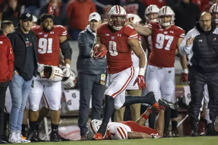 Wisconsin Badgers running back Braelon Allen (0) scores a rushing touchdown during an NCAA college football game against the Nebraska Cornhuskers, Saturday, Nov. 20, 2021, in Madison, Wis. The Badgers won 35-28. (Photo by David Stluka/Wisconsin Athletic Communications)