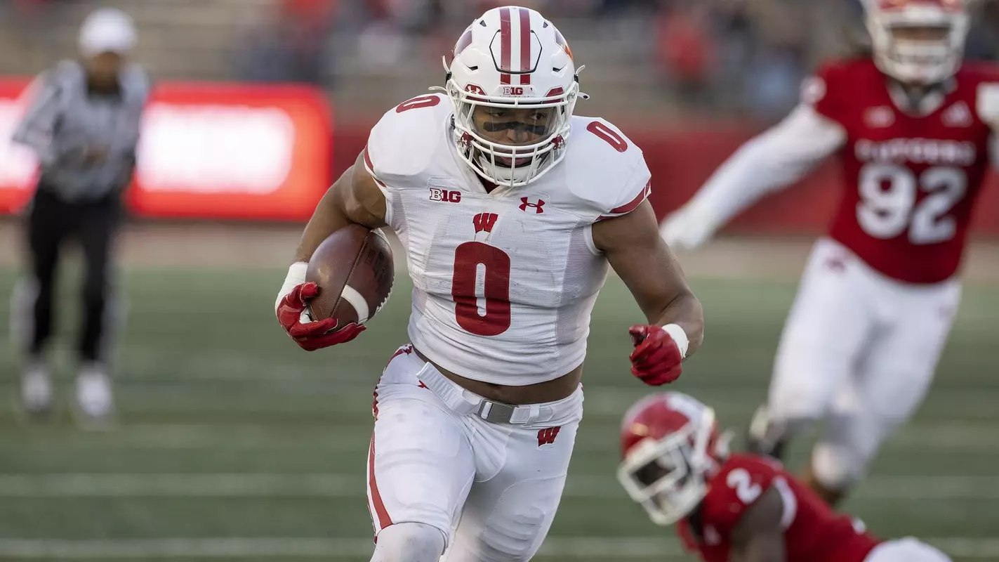 Wisconsin Badgers Braelon Allen during an NCAA college football game against the Rutgers Scarlet Knights, Saturday, Nov. 6, 2021, in Piscataway, New Jersey. (Photo by David Stluka/Wisconsin Athletic Communications)