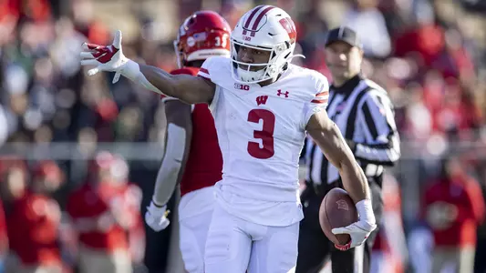 Wisconsin Badgers wide receiver Kendric Pryor (3) signals a first down after a reception during an NCAA college football game against the Rutgers Scarlet Knights, Saturday, Nov. 6, 2021, in Piscataway, N.J. The Badgers won 52-3. (Photo by David Stluka/Wisconsin Athletic Communications)