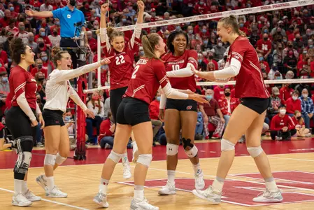 Badger volleyball team celebrates after a point at Nebraska, Oct. 27