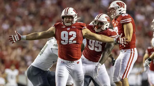 Wisconsin Badgers defensive lineman Matt Henningsen (92) celebrates a quarterback sack during an NCAA college football game against the Eastern Michigan Eagles Saturday, Sept. 11, 2021, in Madison, Wis. The Badgers won 34-7. (Photo by David Stluka/Wisconsin Athletic Communications)