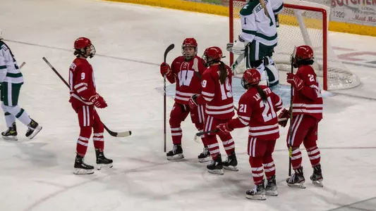 Badgers celebrate a goal at Bemidji State