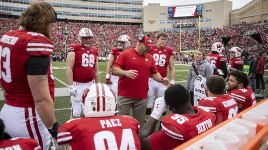 Wisconsin Badgers assistant coach Ross Kolodziej talks to the defensive linemen during an NCAA college football game against the Iowa Hawkeyes, Saturday, Oct. 30, 2021, in Madison, Wis. The Badgers won 27-7. (Photo by David Stluka/Wisconsin Athletic Communications)
