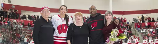 Wisconsin Badgers Sarah Nurse (16) with her family on Senior Day prior to an NCAA women's hockey game game against the Minnesota Duluth Bulldogs Sunday, February 12, 2017, in Madison, Wis. (Photo by David Stluka)