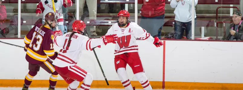 Sarah Nurse scores a goal against Minnesota Duluth - 5 Mar 17:  The University of Wisconsin Badgers play against the University of Minnesota Duluth Bulldogs in the 2017 WCHA Final Face-Off Championship Game at Ridder Arena in Minneapolis, MN.