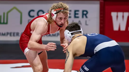 Drew Scharenbrock wrestling vs. Penn State at 149 pounds on Tuesday, Feb. 2, 2021 at the UW Field House. Photo by Stacy Schiesl.