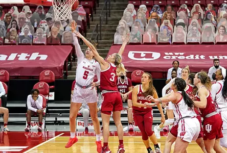 Julie Pospisilova drives to the basket against an Indiana defender.