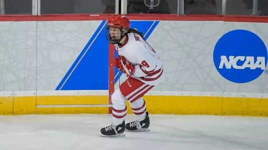 Daryl Watts celebrates a Frozen Four win against Ohio State