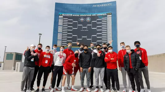 INDIANAPOLIS, IN - MARCH 17: Teams pose for a team photo in front of the March Madness Bracket on the JW Marriott Hotel during the 2021 NCAA Men’s Basketball Tournament held on March 17, 2021 in Indianapolis, Indiana. (Photo by Trevor Brown, Jr./NCAA Photos via Getty Images)