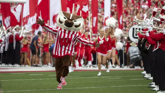 Wisconsin Badgers mascot Bucky Badger leads the team onto the field during an NCAA college football game against Central Michigan Chippewas Saturday, Aug. 7, 2019, in Madison, Wis. The Badgers won 61-0. (Photo by David Stluka/Wisconsin Athletic Communications)