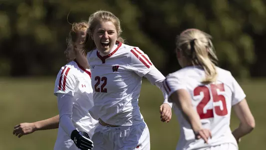 Wisconsin Badgers' forward Enna Kiraly (22) reacts to scoring the winning goal during an NCAA womenÕs soccer match against Rutgers on Sunday March 28, 2021 in Madison, Wisconsin.Photo by Tom Lynn/Wisconsin Athletic Communications