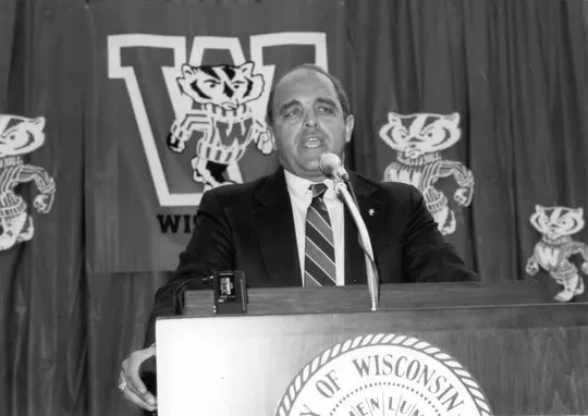 Barry Alvarez at 1990 press conference announcing his hiring as the Wisconsin football head coach