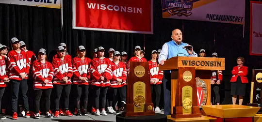 UW athletic director Barry Alvarez makes remarks about the UW women's hockey team's success as national champions during a celebration event at the Kohl Center at the University of Wisconsin-Madison on March 25, 2019. (Photo by Bryce Richter /UW-Madison)