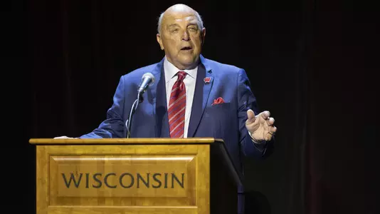 Wisconsin director of athletics Barry Alvarez speaks to audience for special ceremony celebrating announcement of his retirement on Tuesday, April 6, 2021 at the Kohl Center in Madison, Wis. Photo by David Stluka.