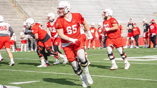 Tyler Beach Wisconsin football offensive lineman trains during spring practice inside Camp Randall Stadium April 2021