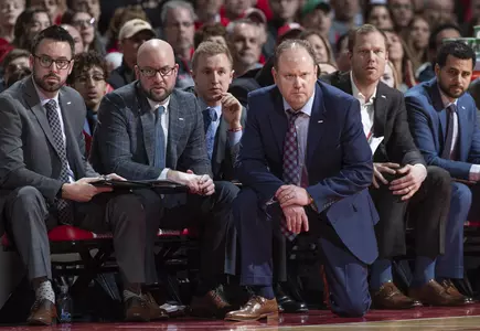 Wisconsin men's basketball coaching and support staff March 2020 - Greg Gard, Marc VandeWettering, Kyle Blackbourn, Joe Krabbenhoft, Dean Oliver