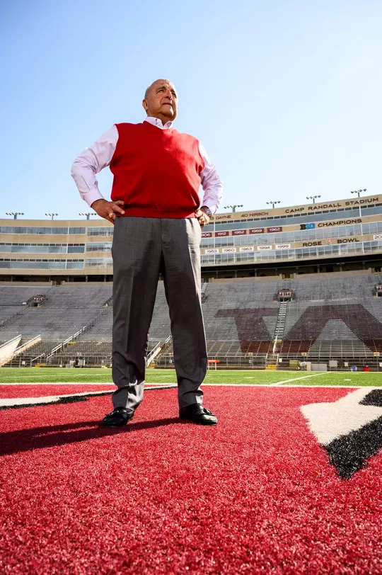 Barry Alvarez, Director of Athletics at the University of Wisconsin-Madison, stands at center field of Camp Randall Stadium on April 21, 2021. After 32 years at the University of Wisconsin, including a legendary beginning as head coach of Wisconsin football program and the final 18 years as the Director of Athletics, Alvarez announced on April 6 that he will officially retire on June 30, 2021. (Photo by Jeff Miller / UW-Madison)