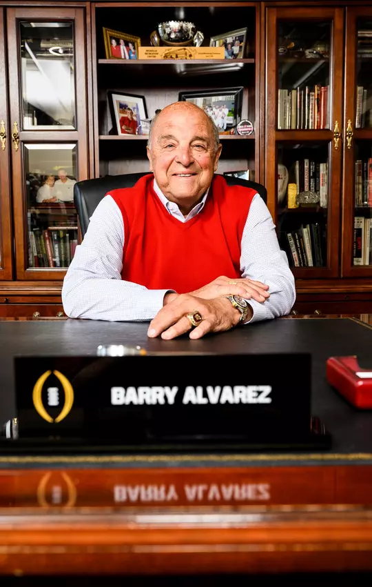 Barry Alvarez, Director of Athletics at the University of Wisconsin-Madison, is pictured in his office in Kellner Hall on April 21, 2021. After 32 years at the University of Wisconsin, including a legendary beginning as head coach of Wisconsin football program and the final 18 years as the Director of Athletics, Alvarez announced on April 6 that he will officially retire on June 30, 2021. (Photo by Jeff Miller / UW-Madison)
